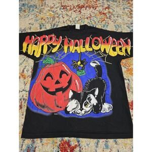 Vintage 90s Freeze 1996 Happy Halloween AOP Cat Graphic Black T-Shirt Size L/XL
